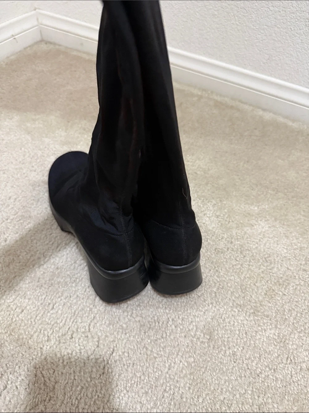 Black Stretch Over-the-Knee Wedge Boots - Sleek Platform Style